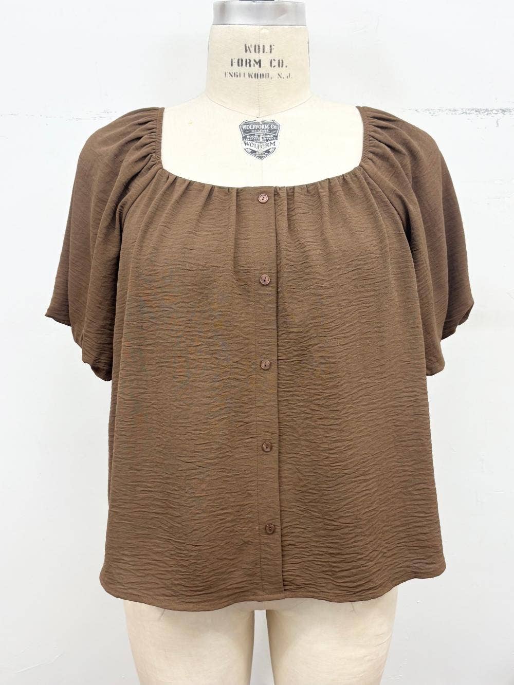 Plus Size Bubble Sleeve Button Front Blouse