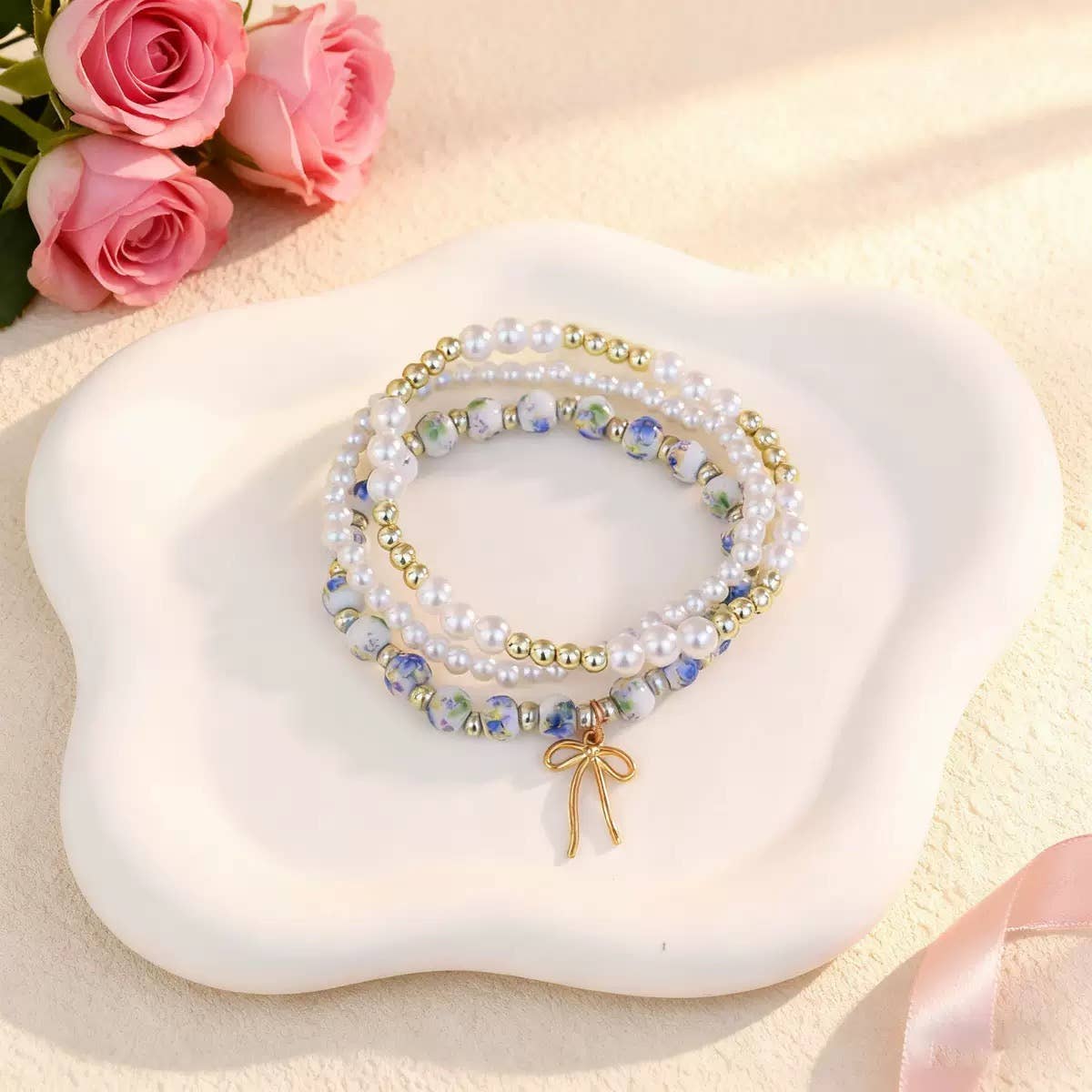 Chinoiserie Pearl & Floral Beaded Bracelet Set
