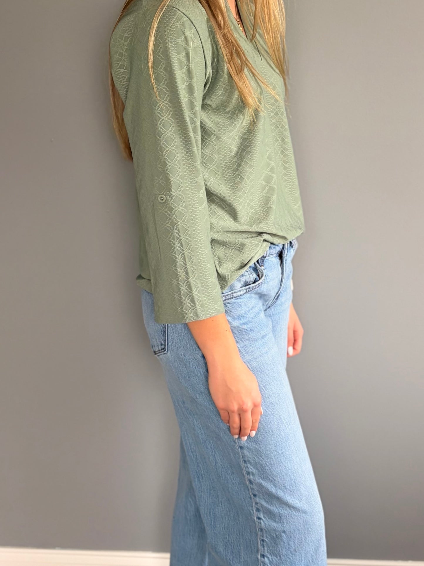 V-Neck Three Quarter Sleeve Button Loose Top