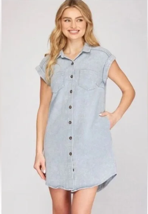 Folded Cuff Light Wash Denim Dress