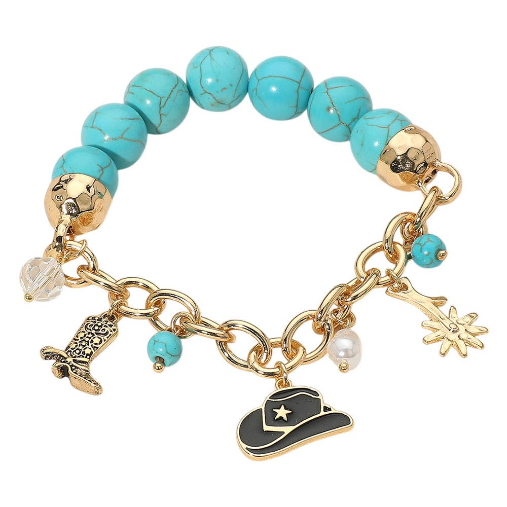 SECRET BOX_Western Cowboy Hat Boot Flower Pearl Charm Beaded Stretch Bracelet