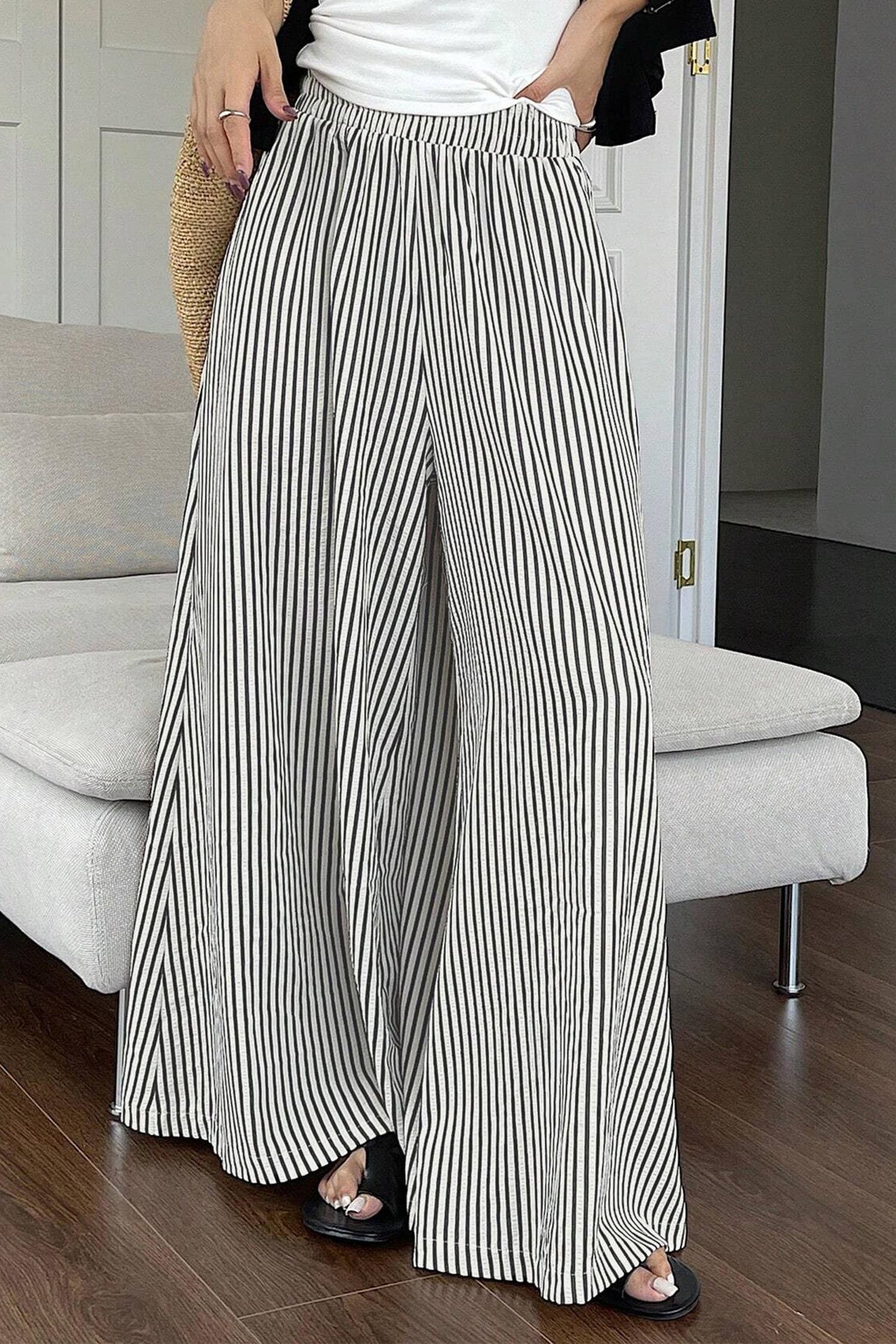 Stripe Elastic Waist Ultra Wide Leg Pants (S-XL)