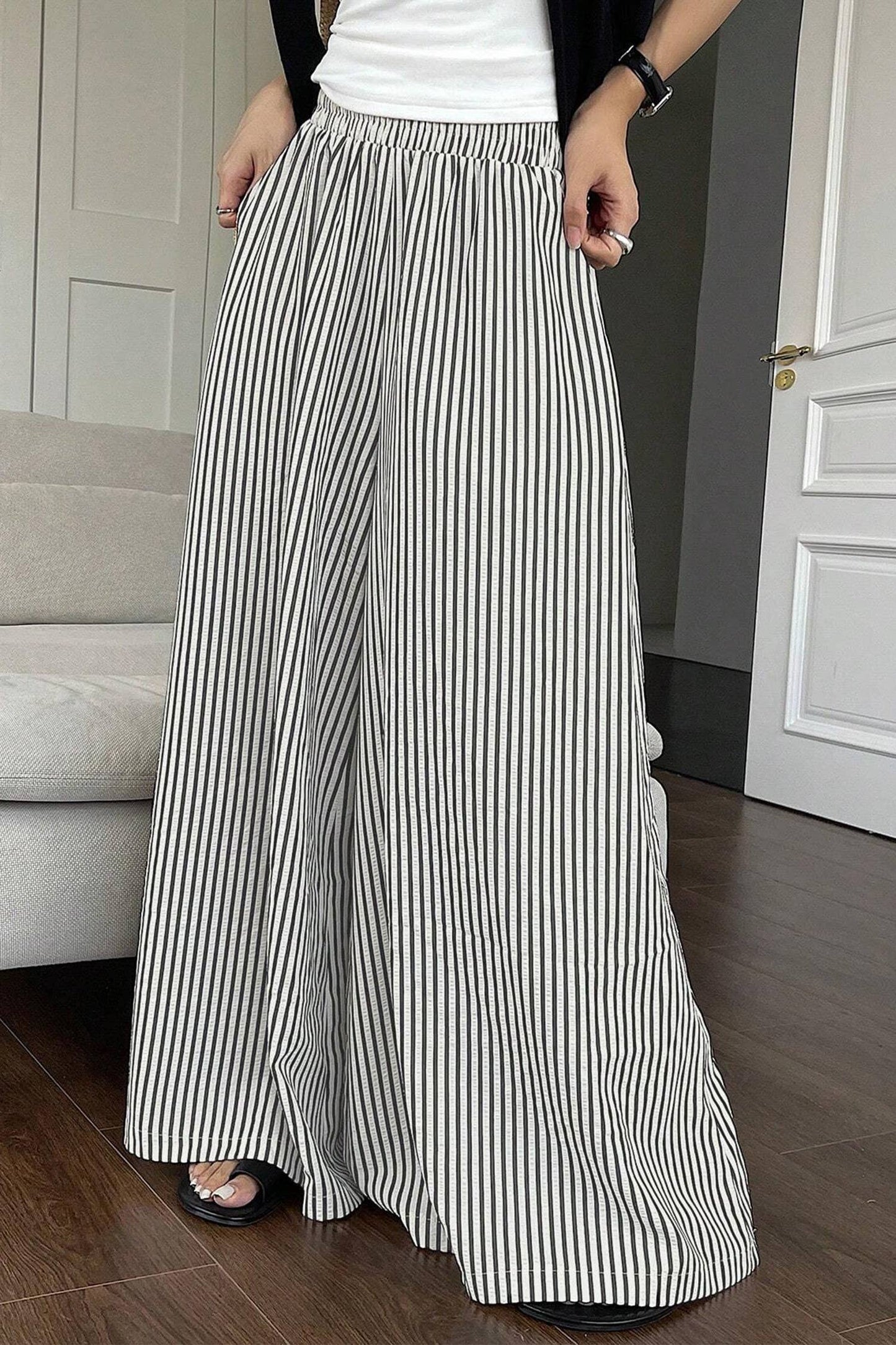 Stripe Elastic Waist Ultra Wide Leg Pants (S-XL)