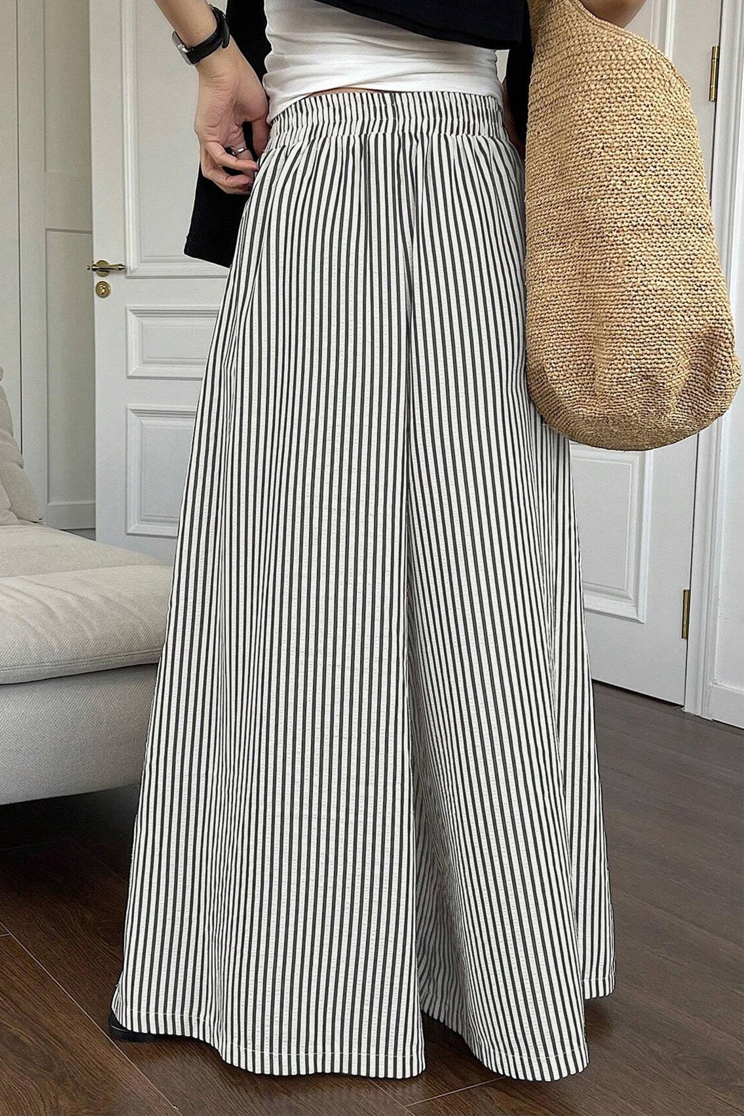 Stripe Elastic Waist Ultra Wide Leg Pants (S-XL)