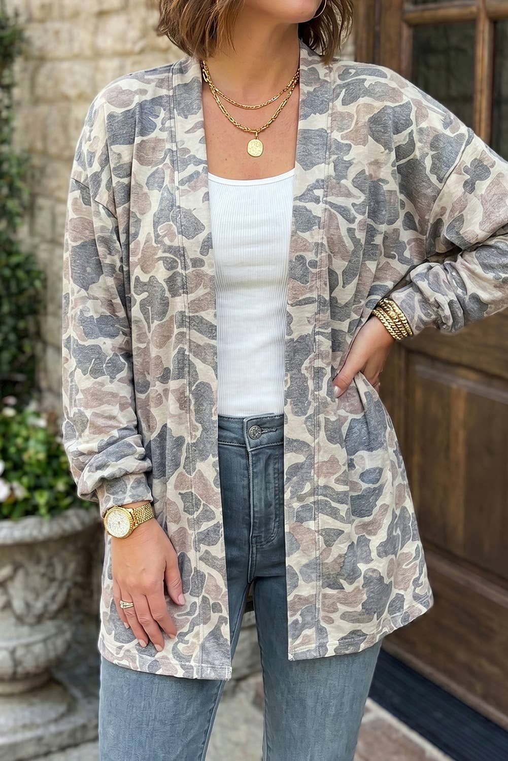 66 Fall 2026 Camo Long Sleeve Open Front Cardigan (S-XL)