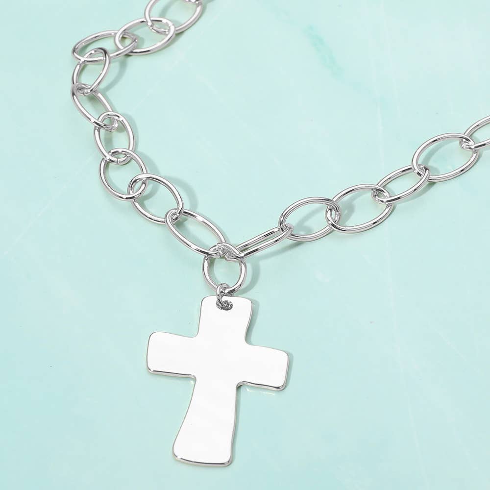 18K Gold Dipped Chunky Cross Pendant Oval Link Chain Statement Necklace