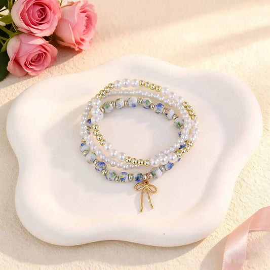 Chinoiserie Pearl & Floral Beaded Bracelet Set