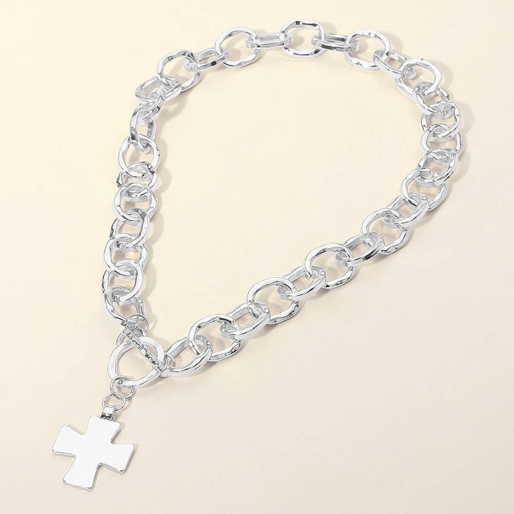 Cross Charm Chunky Chain Toggle Necklace