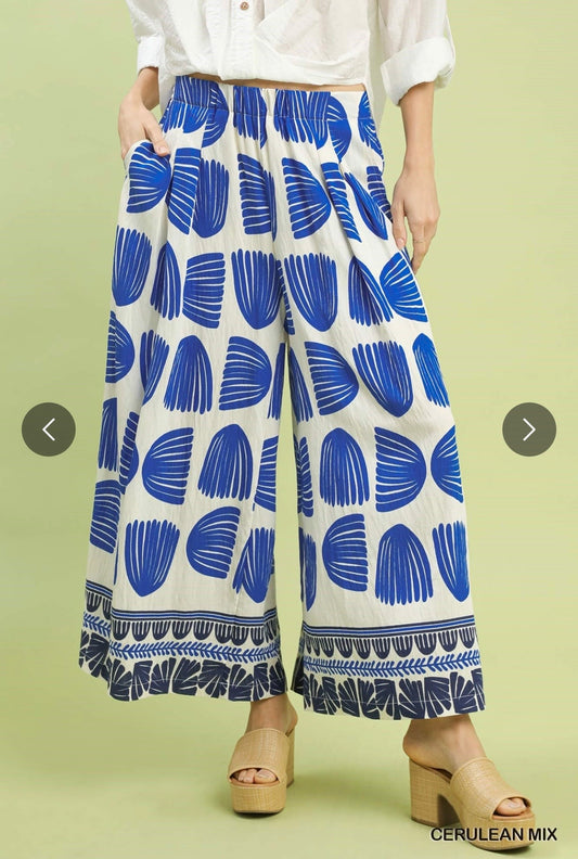 Blue and Off White Flowy Umgee Pants
