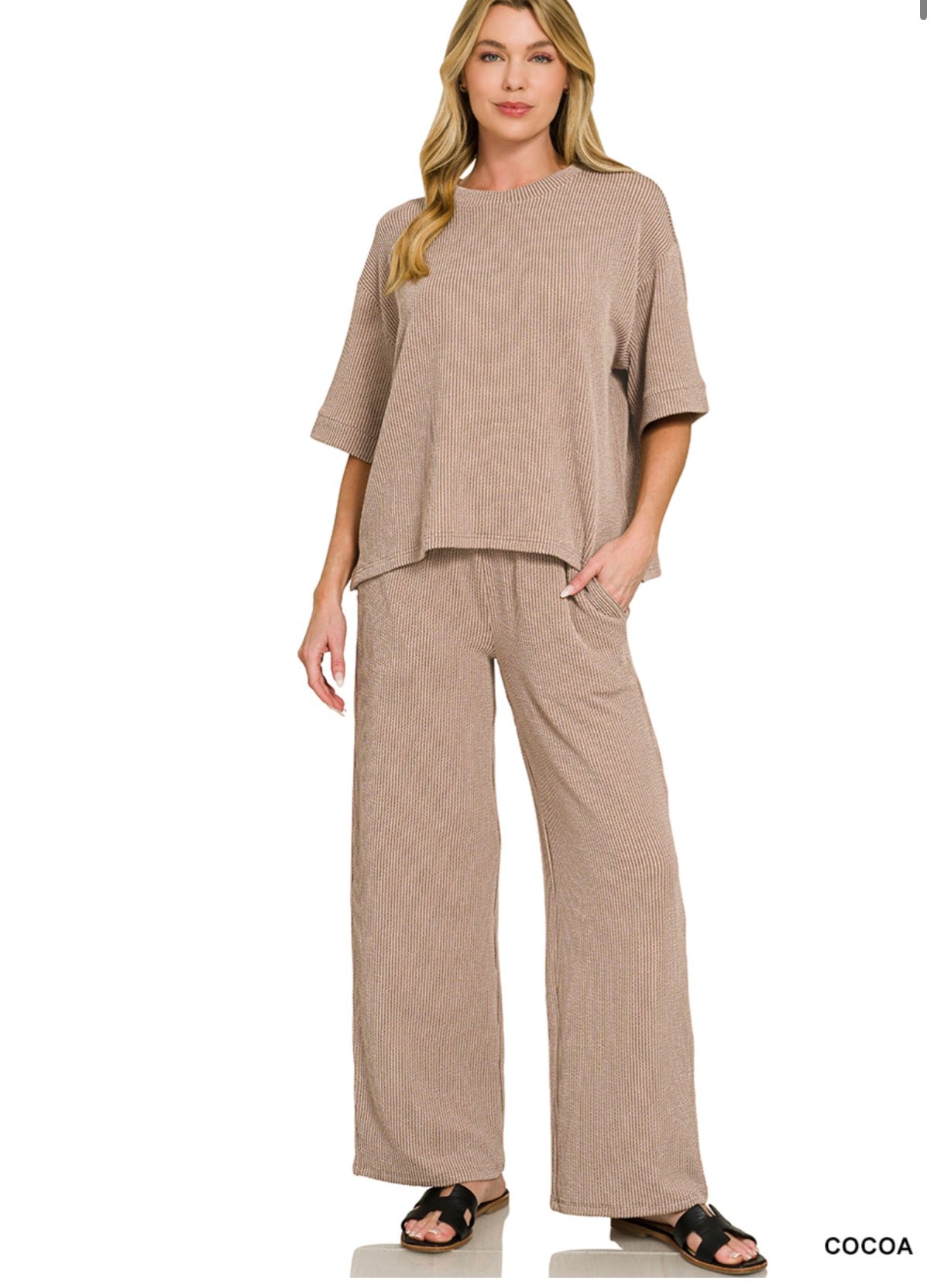Zenana Ribbed Tee and Pants Set