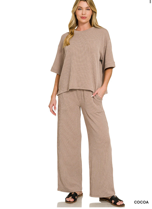 Zenana Ribbed Tee and Pants Set