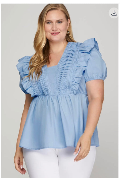 Plus Size Blue Ruffled Top
