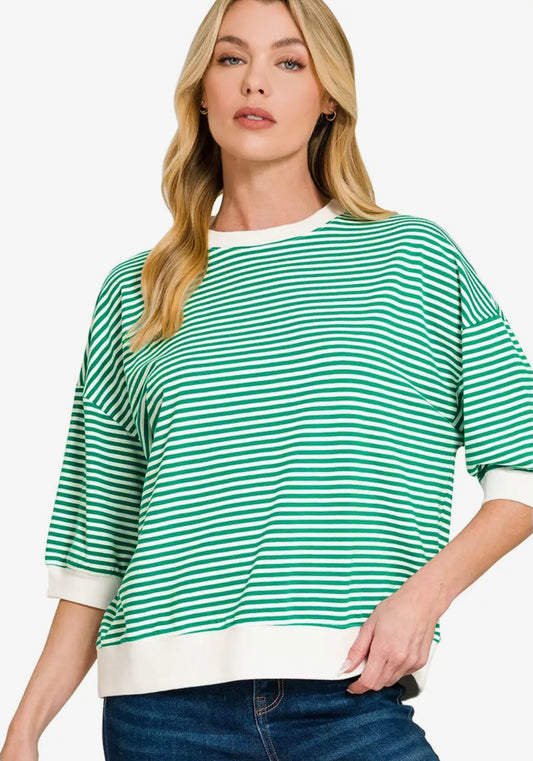 Zenana Banded Bottom Green Stripe Top