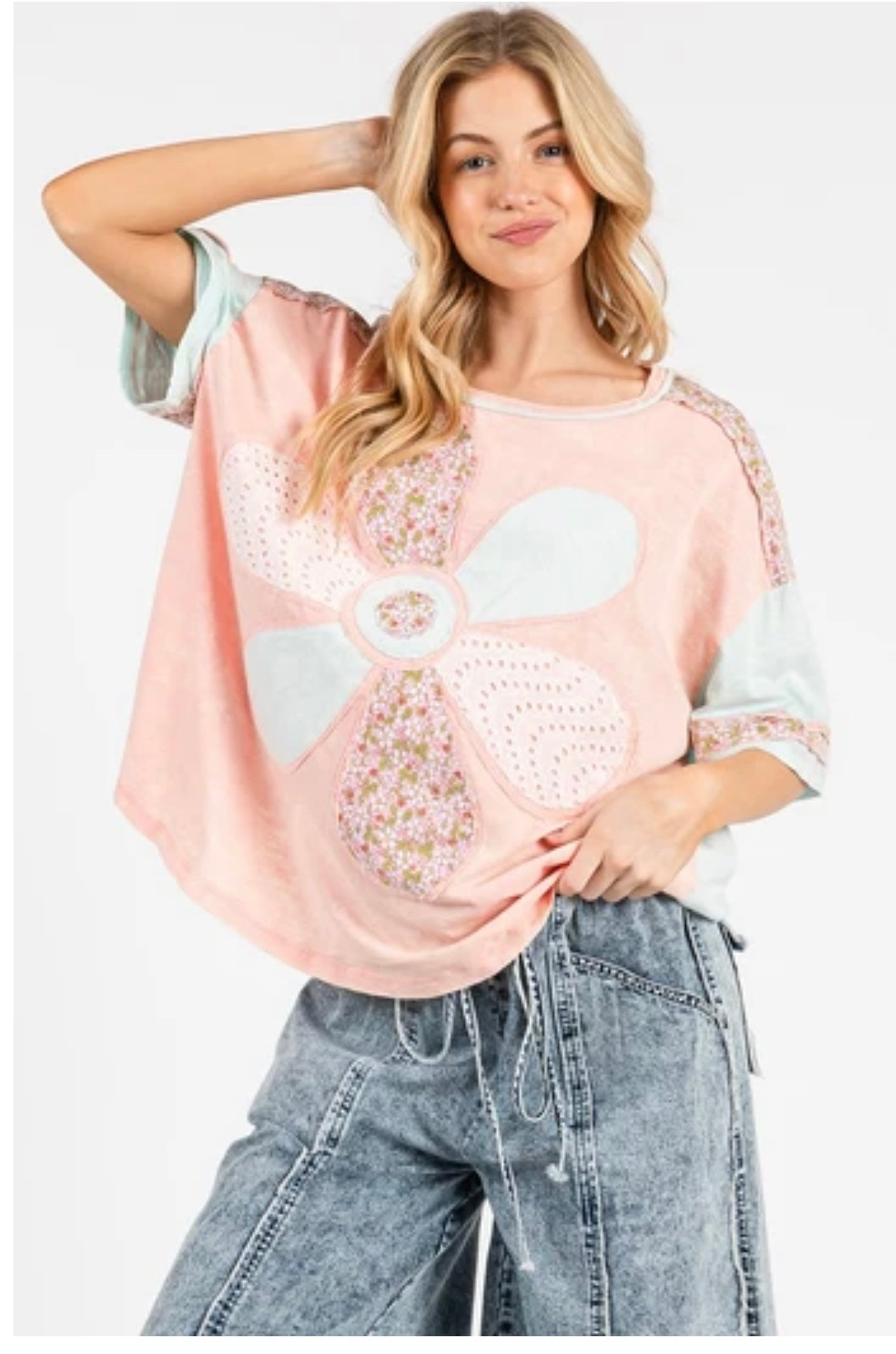 Sage+Fig Petal Play OVERSIZED Floral Patched Top in Pink