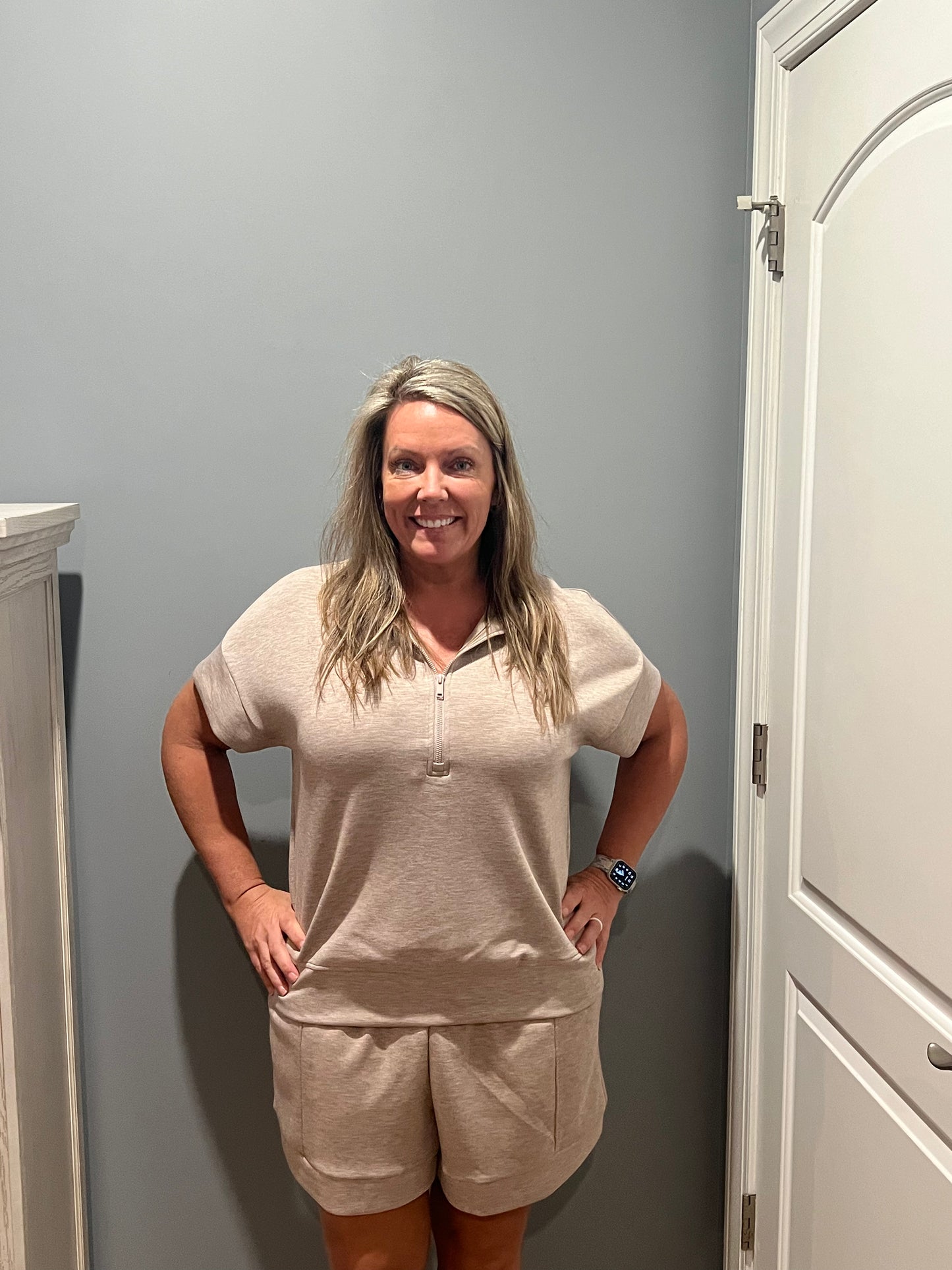 Poly Spandex Quarter Zip Short Sleeve Top Plus Size