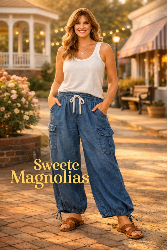 Denim Drawstring Utility Cargo Wide-Leg Jogger