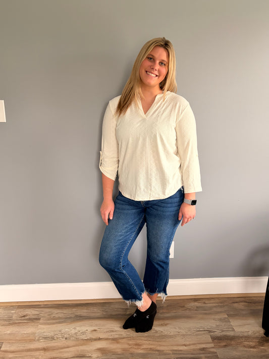 V-Neck Three Quarter Sleeve Button Loose Top