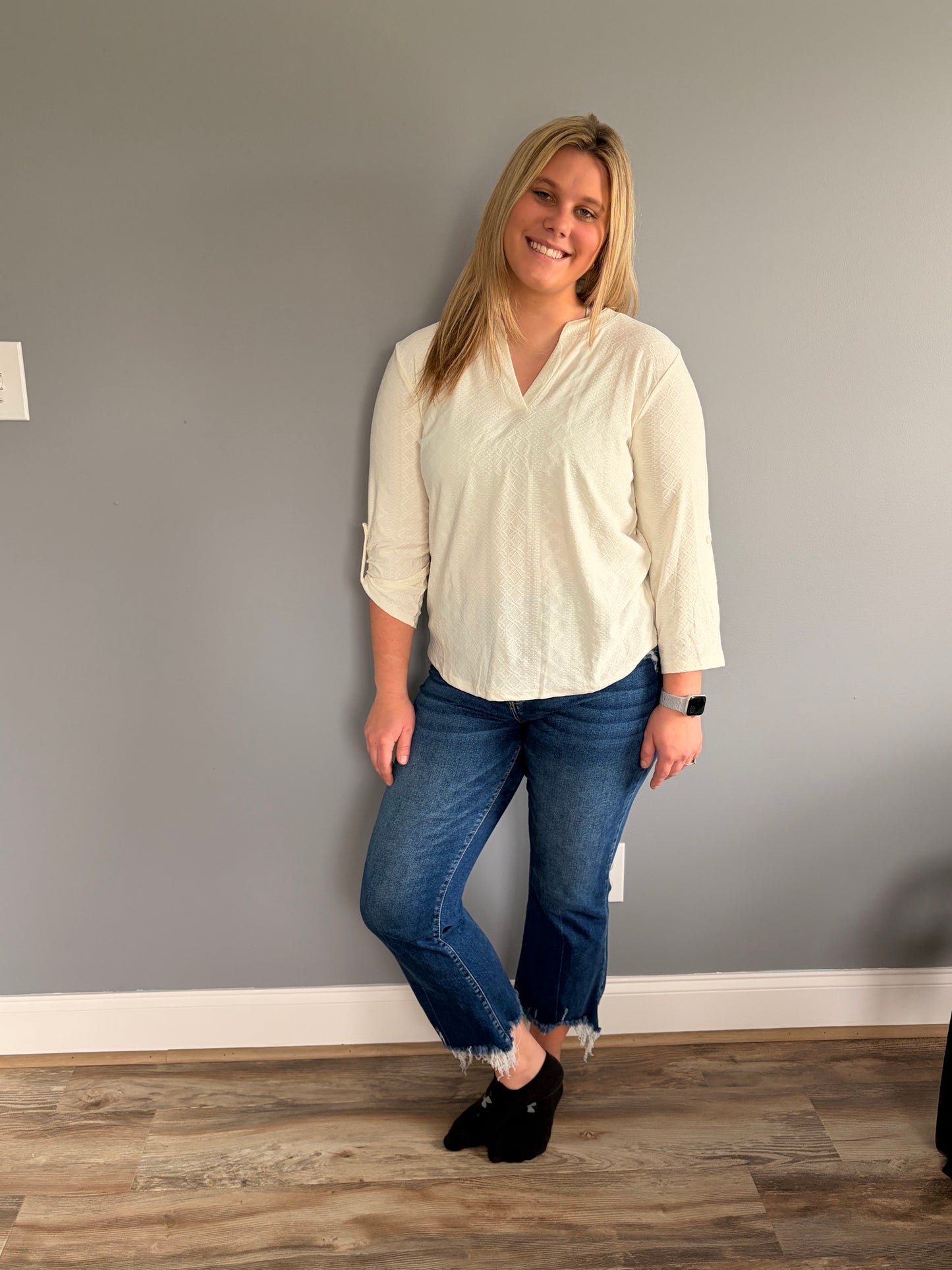 V-Neck Three Quarter Sleeve Button Loose Top