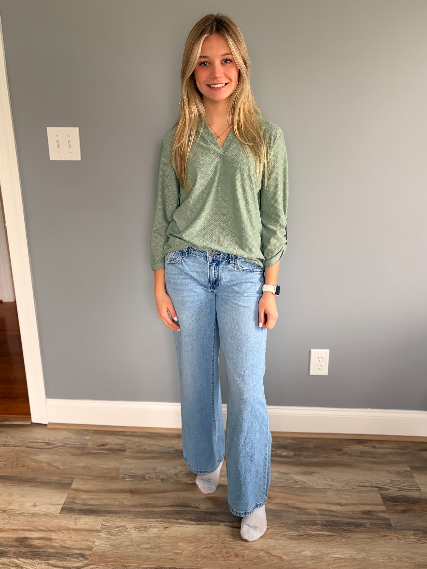 V-Neck Three Quarter Sleeve Button Loose Top