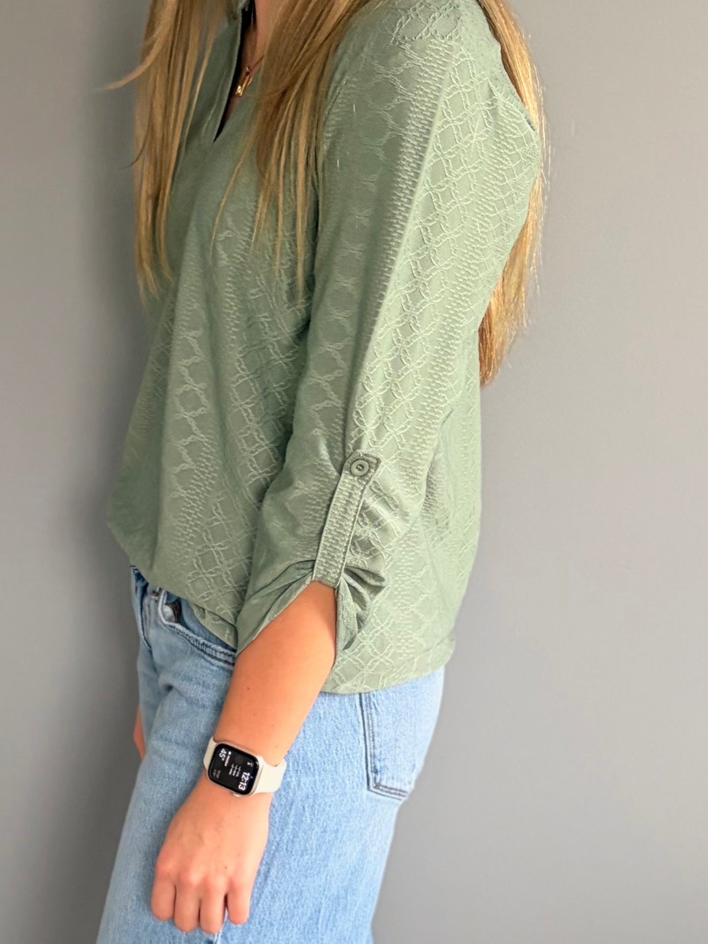 V-Neck Three Quarter Sleeve Button Loose Top