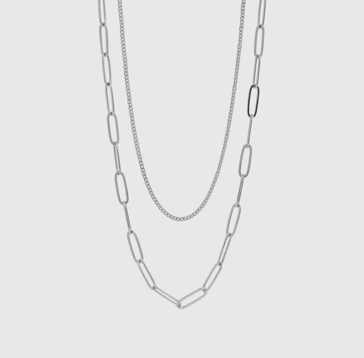 Stainless Steel Dainty Curb and Paperclip Layered Necklace