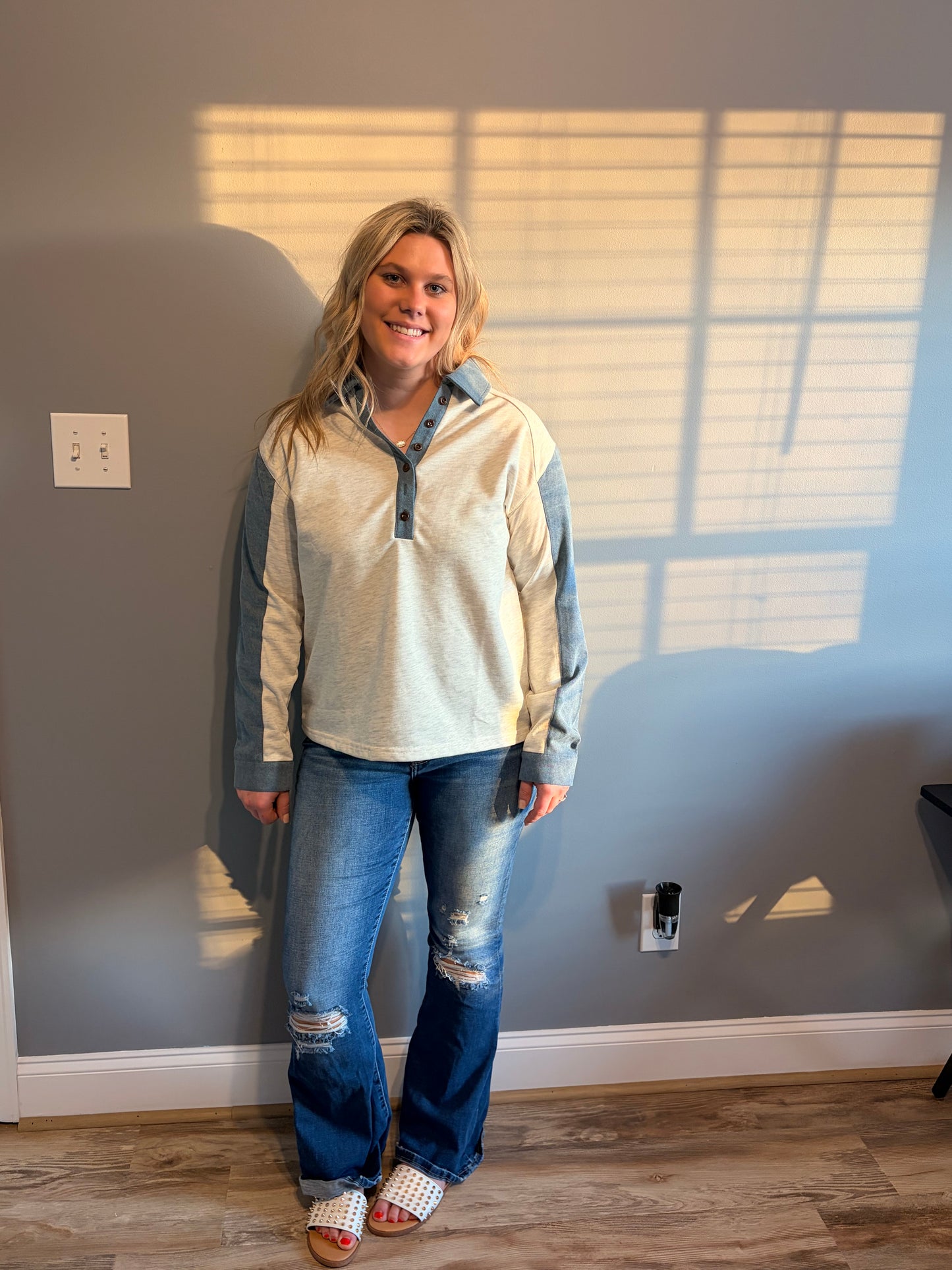 Denim 1/4 Button Down Long Sleeve