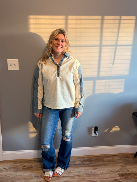 Denim 1/4 Button Down Long Sleeve