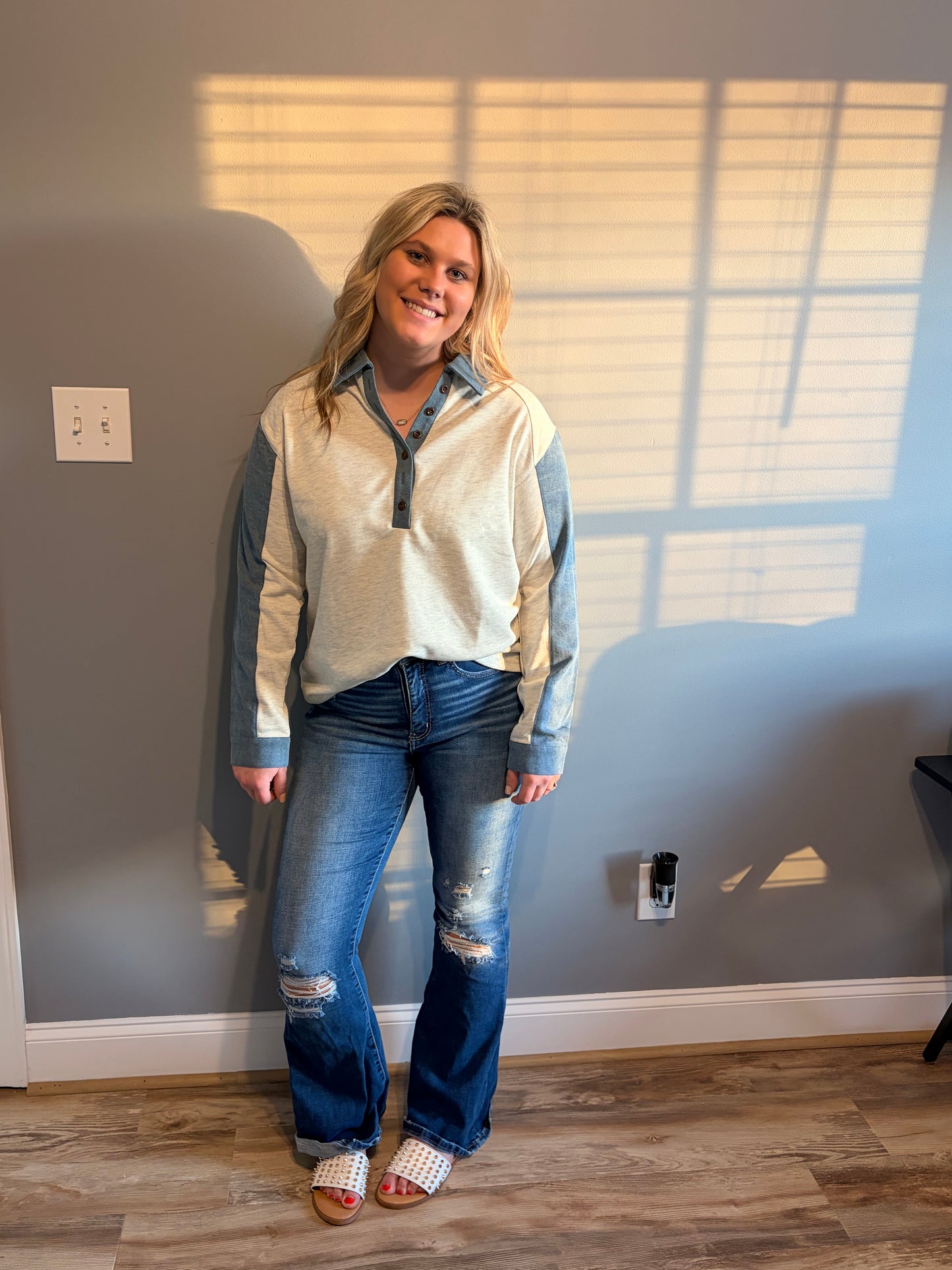 Denim 1/4 Button Down Long Sleeve