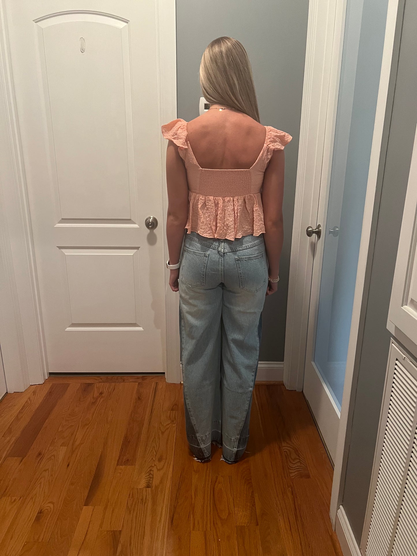 She + Sky Cropped Ruffled Peach Top