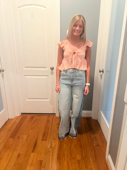 She + Sky Cropped Ruffled Peach Top