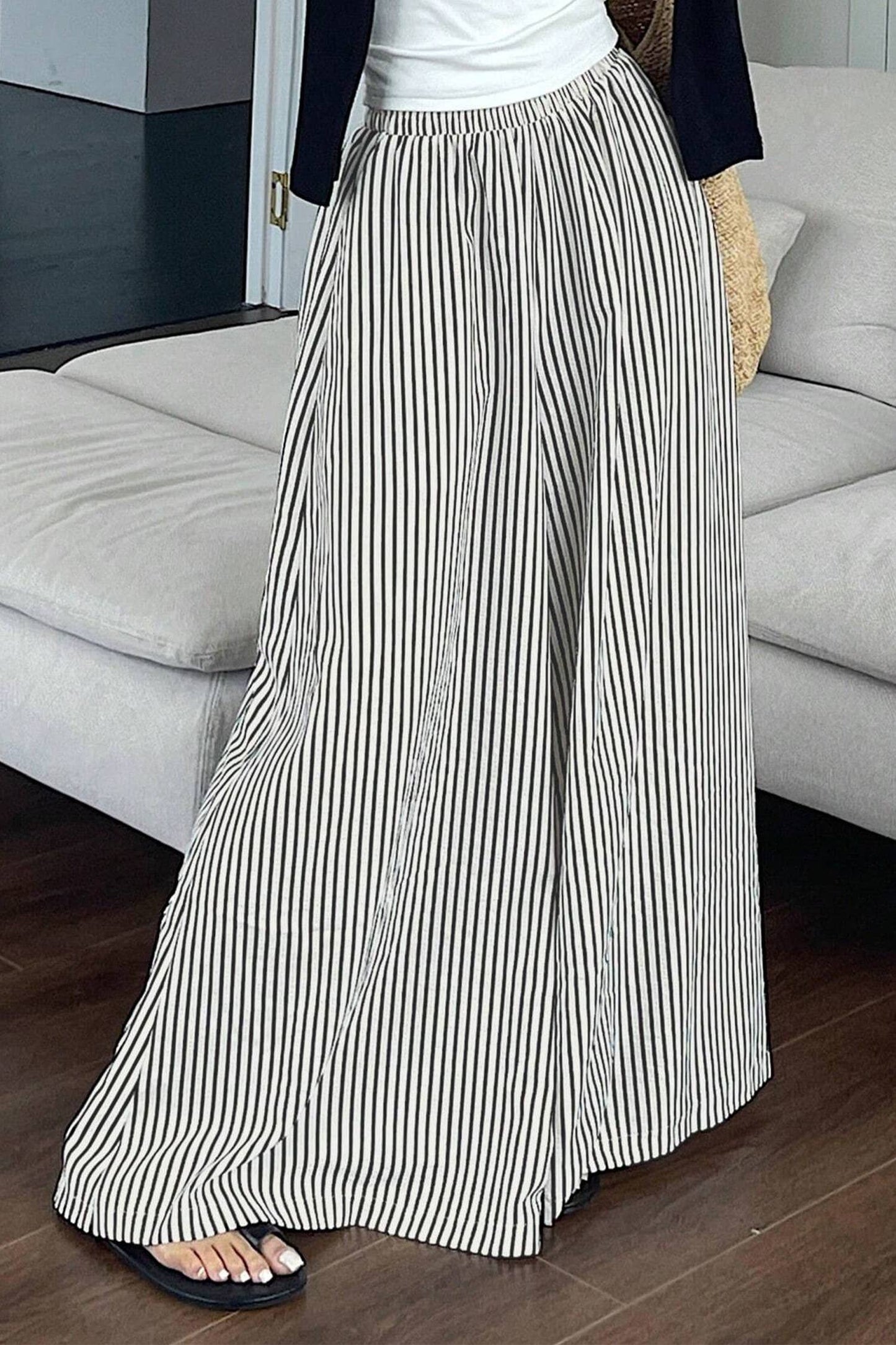 Stripe Elastic Waist Ultra Wide Leg Pants (S-XL)