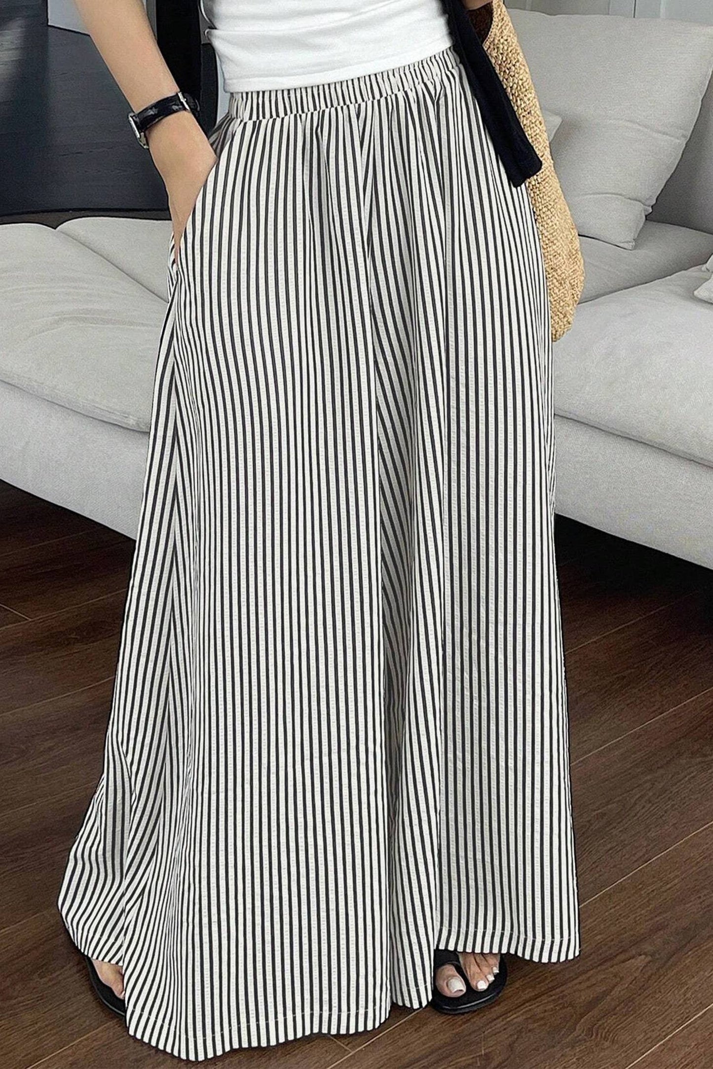 Stripe Elastic Waist Ultra Wide Leg Pants (S-XL)