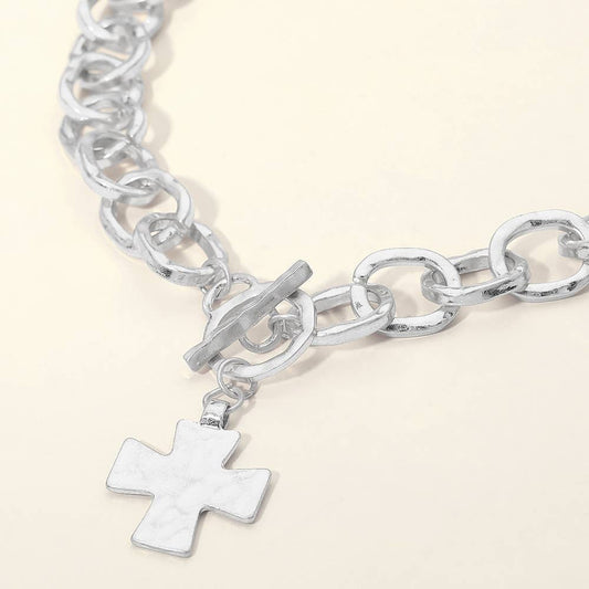 Cross Charm Chunky Chain Toggle Necklace