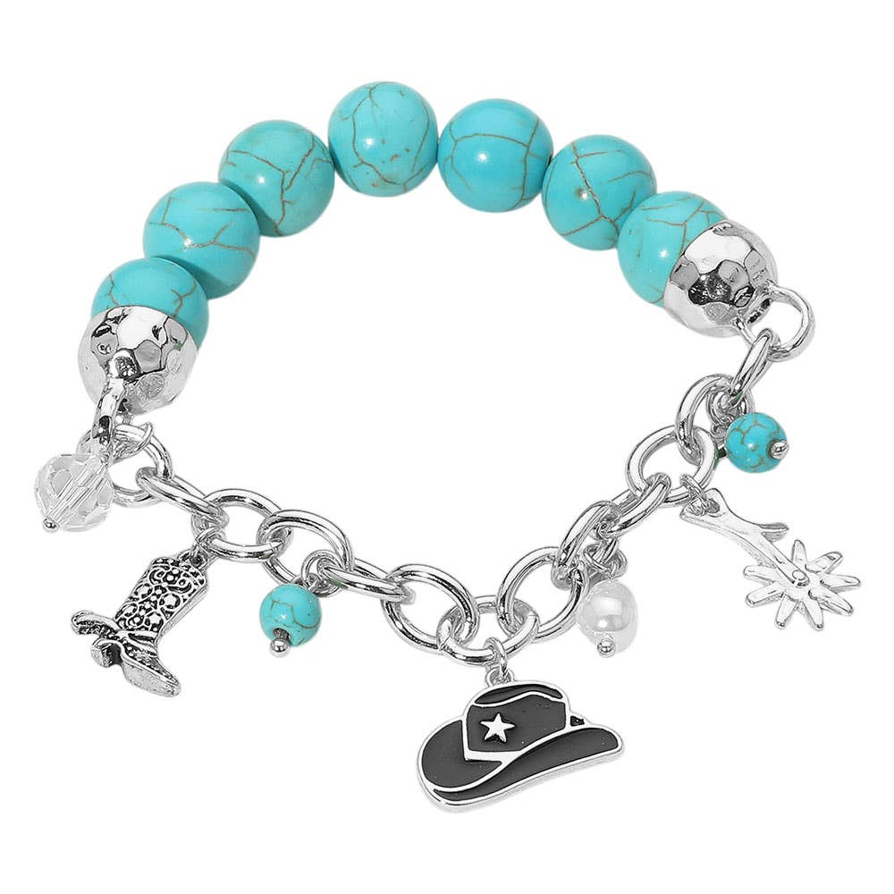 SECRET BOX_Western Cowboy Hat Boot Flower Pearl Charm Beaded Stretch Bracelet
